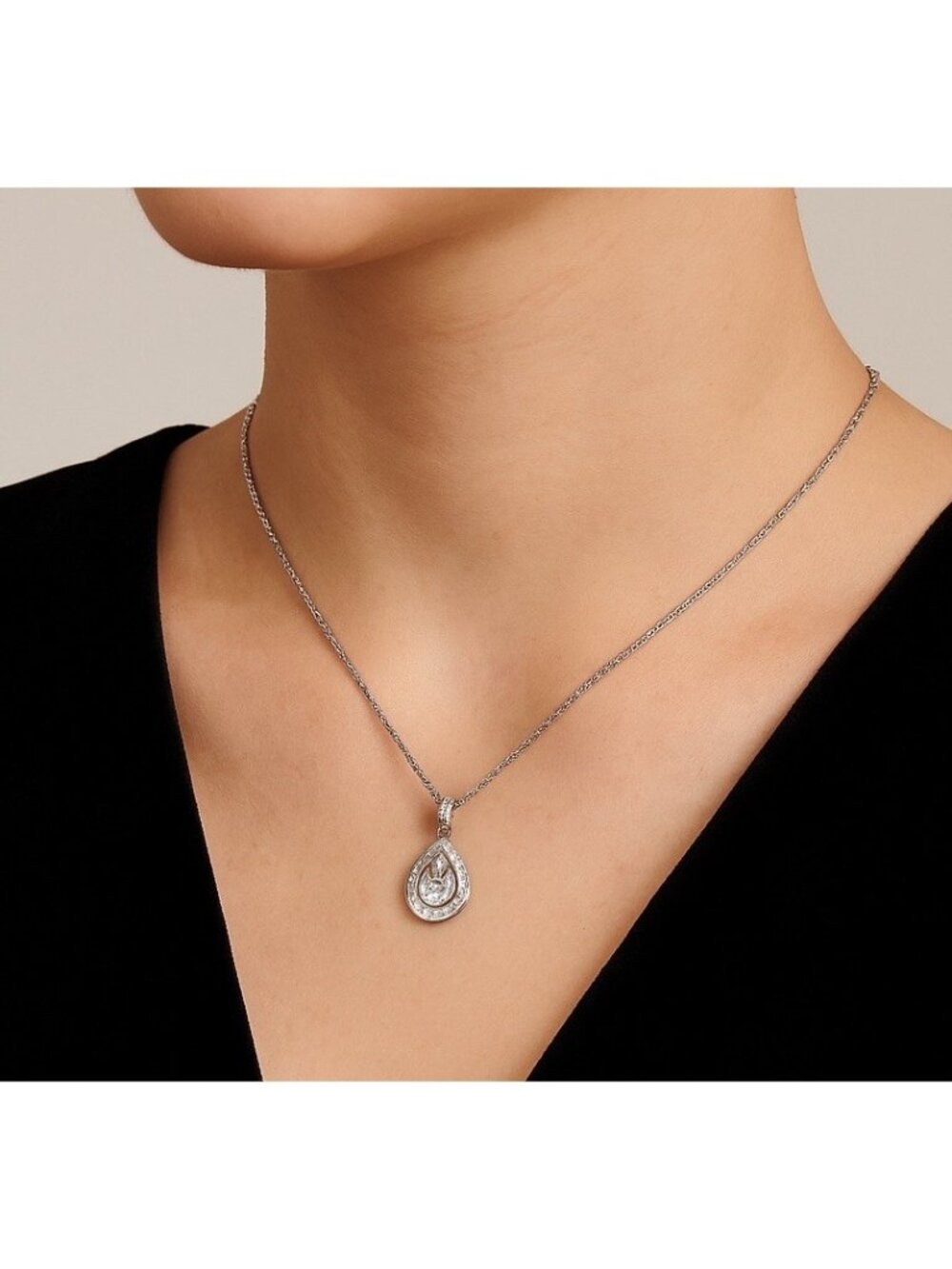 Nadri Teardrop Halo Pendant Necklace Cubic Zirconia Silver Tone IOB Adjustable